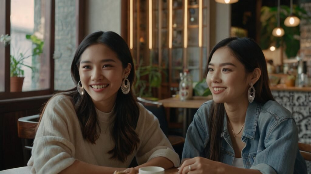 Nhóm bạn nữ trẻ đeo bông tai bạc, tỏa sáng với nhiều phong cách khác nhau trong không gian hiện đại, ấm cúng.