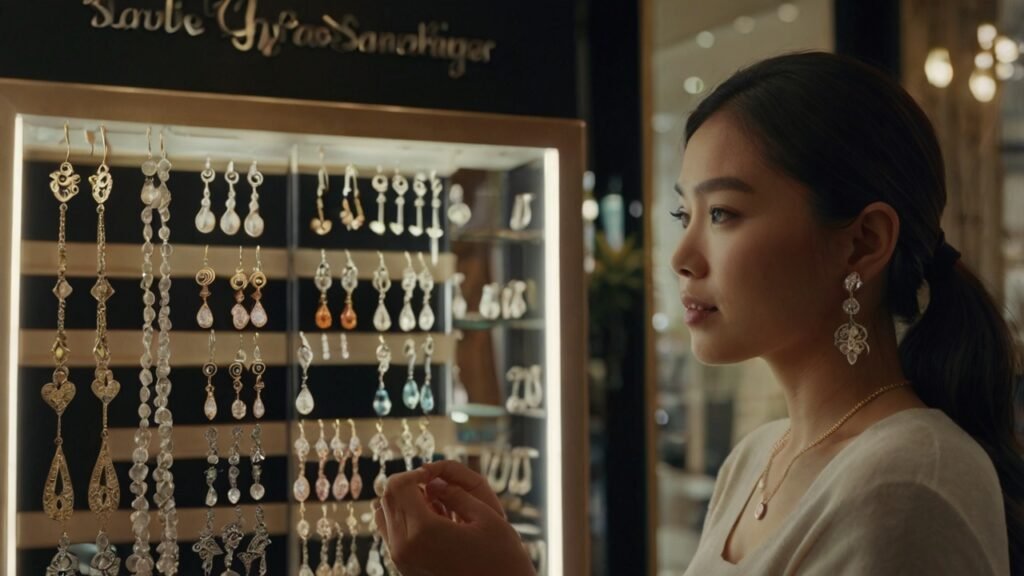 Khách hàng nữ thử bông tai bạc tại cửa hàng với nhân viên tư vấn nhiệt tình, không gian sang trọng và ấm cúng.
