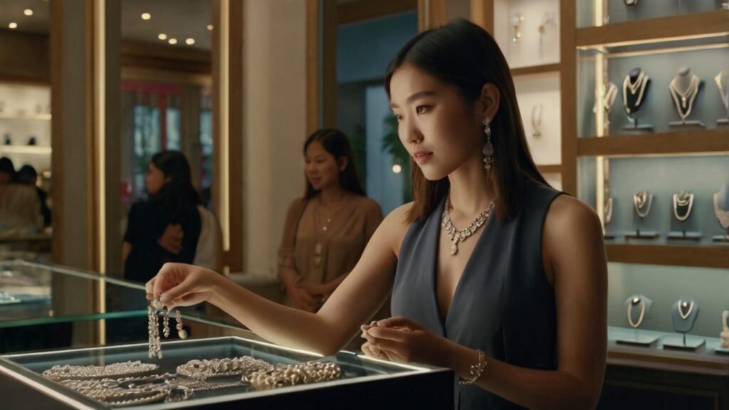 Khách hàng nữ thử trang sức bạc tại cửa hàng với nhân viên tư vấn nhiệt tình, không gian mua sắm ấm áp và sang trọng.