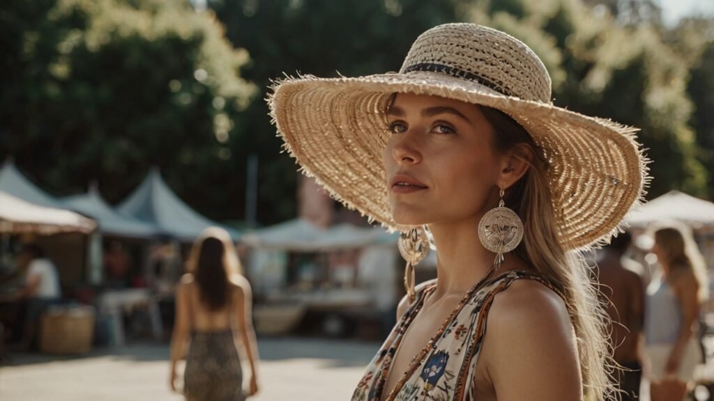 Phụ nữ phong cách boho mặc váy maxi họa tiết, đội mũ cói, đeo bông tai bạc tua rua lông vũ, chụp ngoài trời nắng.