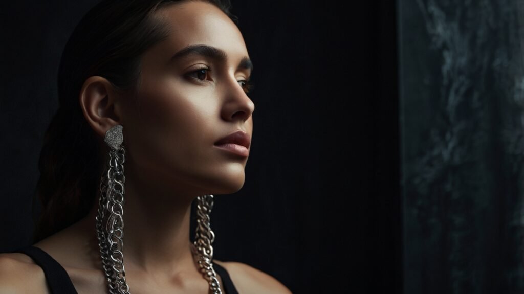 Bông tai bạc bất đối xứng và ear cuff trên nền vải đen, ánh sáng tương phản mạnh.