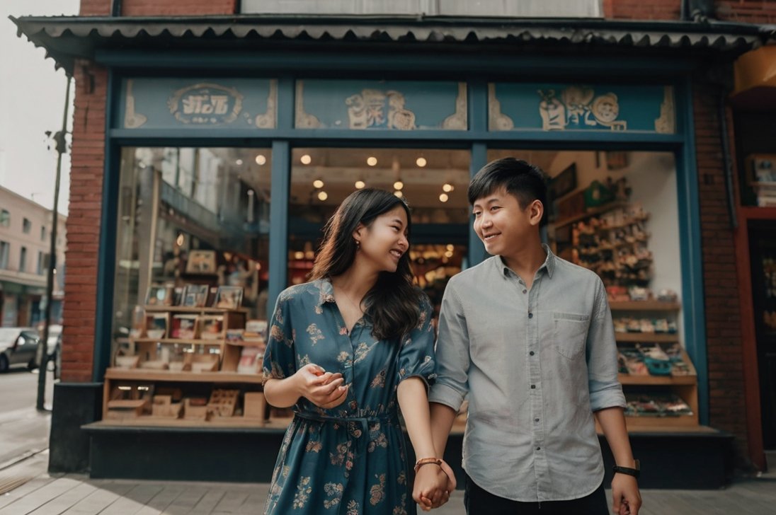 Cặp đôi lựa chọn nhẫn cặp tại cửa hàng, với các mẫu mã và giá cả đa dạng