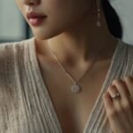 Người mẫu nữ trẻ đeo trang sức bạc tinh tế trong không gian sang trọng, ánh sáng mềm mại, tôn vinh vẻ đẹp hiện đại và thanh lịch.