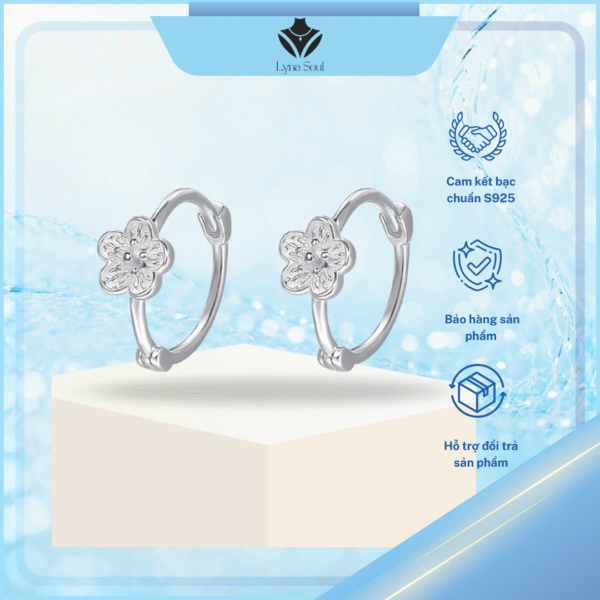 Khuyên tai bạc nữ Lyna Soul B0595 – Tròn bấm hình hoa mận S925 thanh khiết, tinh tế