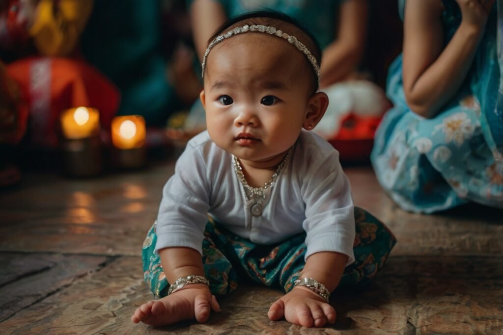 Bé đeo lắc chân bạc trong lễ đầy tháng.