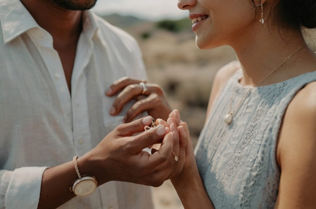 Cặp đôi trao nhẫn đôi đơn giản, thể hiện tình yêu chân thành.