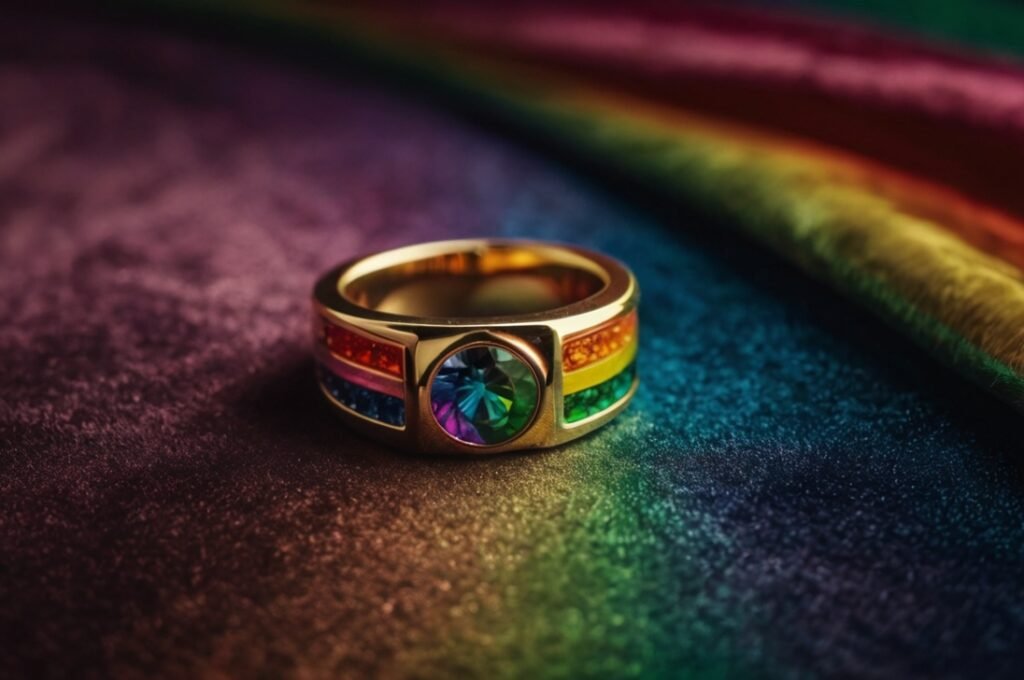 Nhẫn nam LGBT đầy màu sắc biểu tượng tình yêu và sự đoàn kết.
